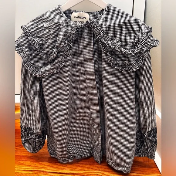 damson madder lois double collar blouse top black gingham UK 10 US 6 EU 38 AU 10 - Picture 2 of 3